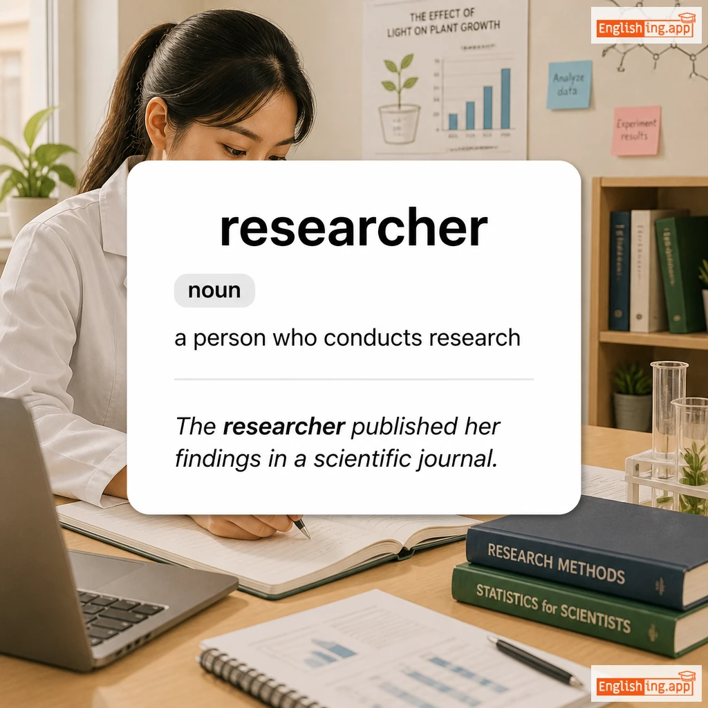 researcher definition card — visual illustration of the meaning