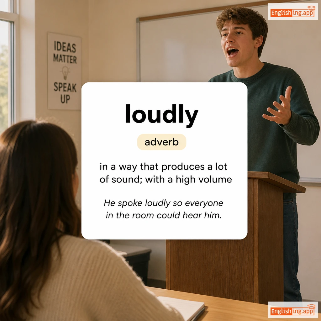 loudly definition card — visual illustration of the meaning