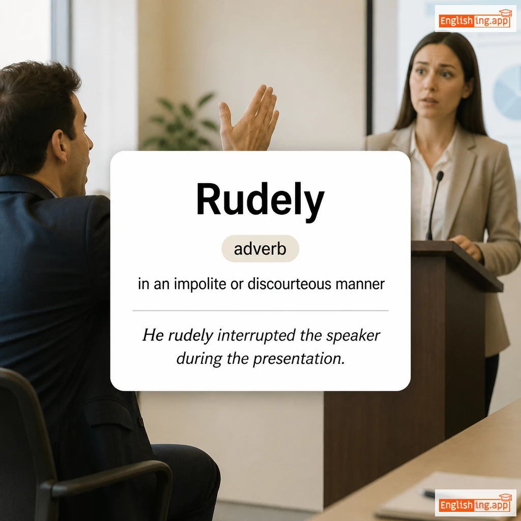 Rudely definition card — visual illustration of the meaning
