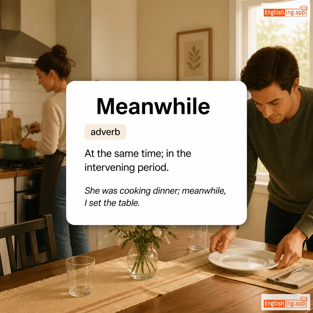 Meanwhile definition card — visual illustration of the meaning