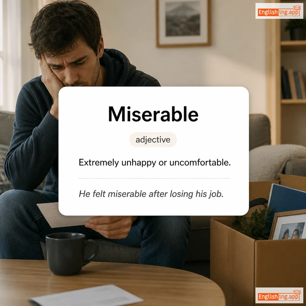 Miserable definition card — visual illustration of the meaning