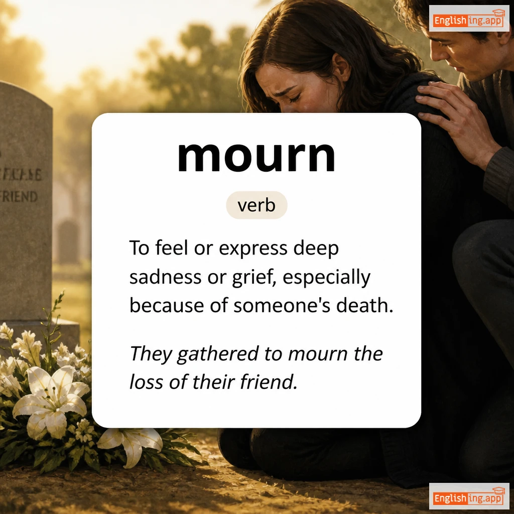 mourn definition card — visual illustration of the meaning