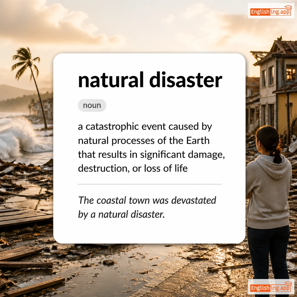 natural disaster definition card — visual illustration of the meaning