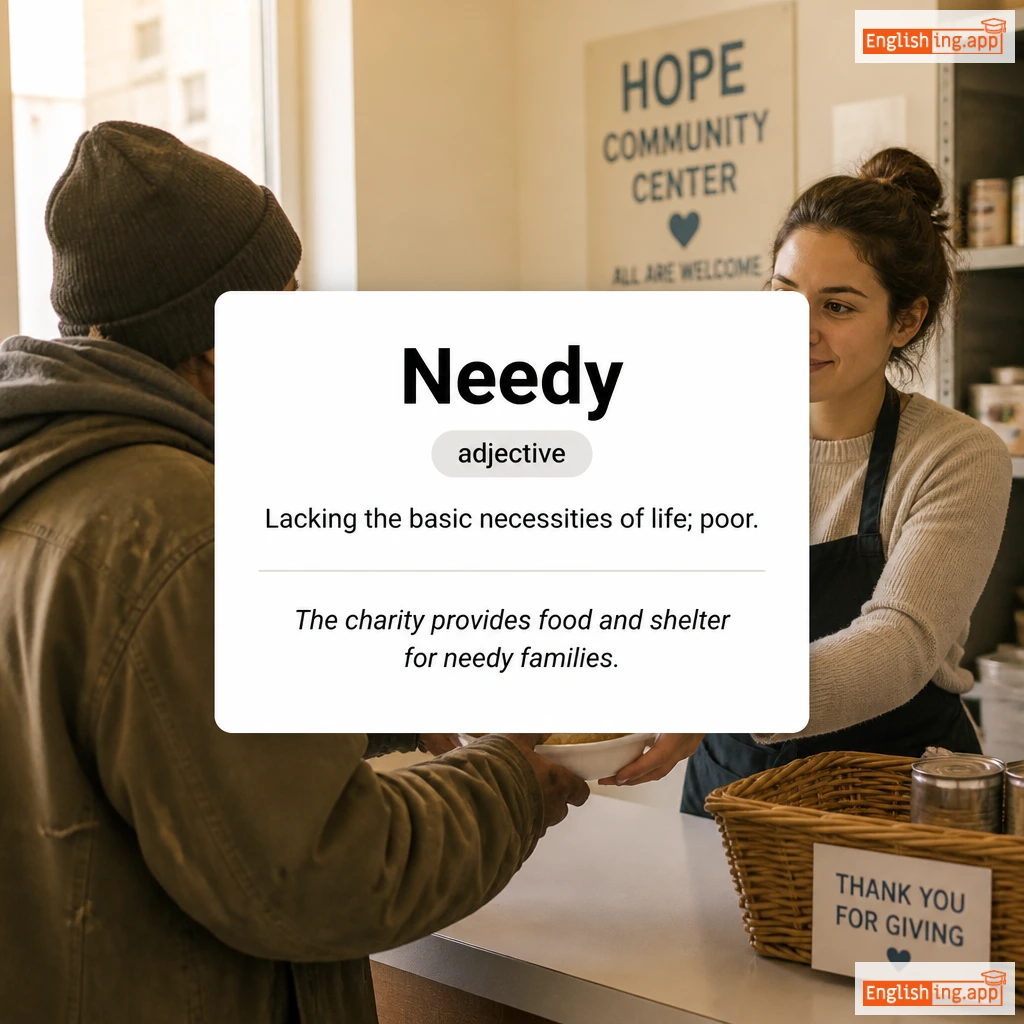 Needy definition card — visual illustration of the meaning