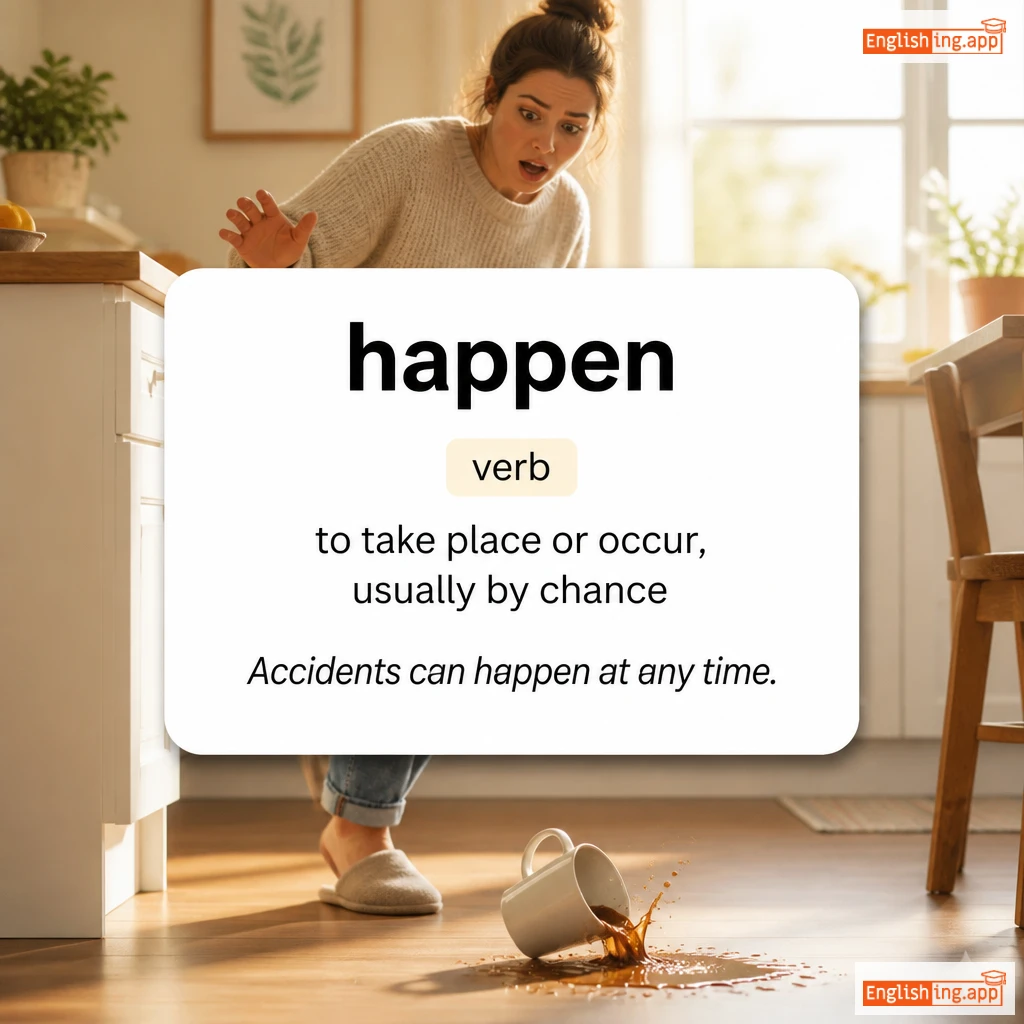 happen definition card — visual illustration of the meaning