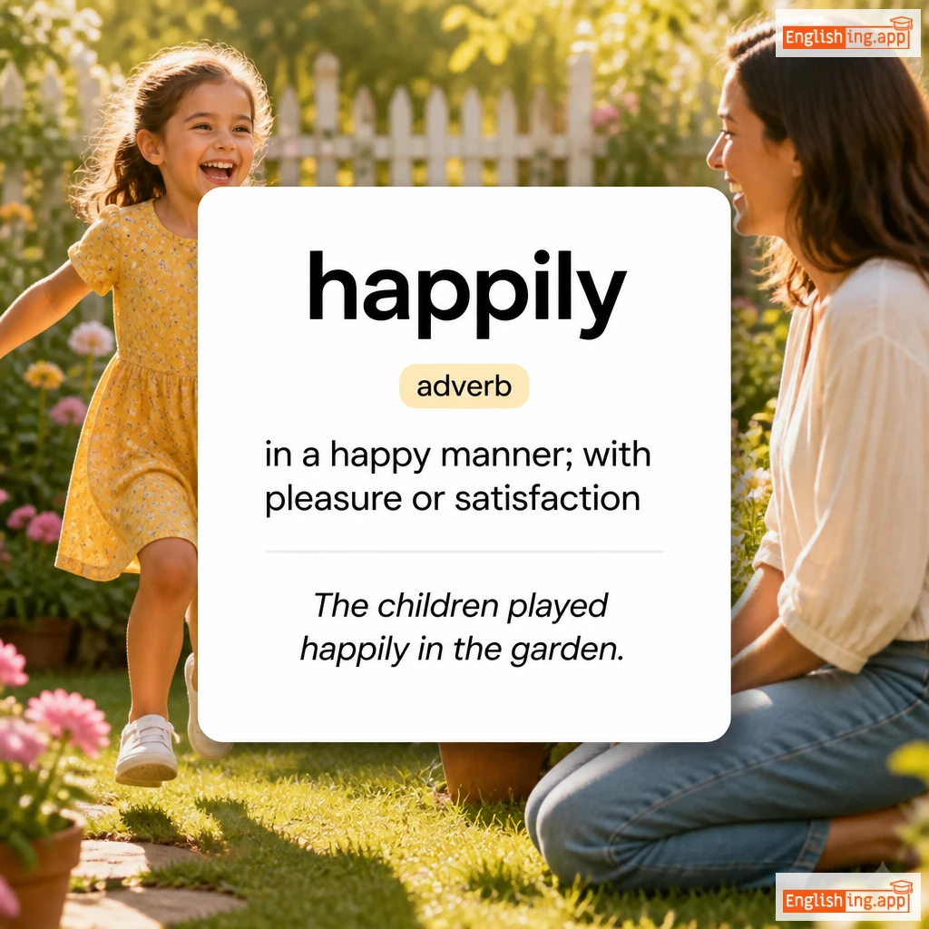 happily definition card — visual illustration of the meaning