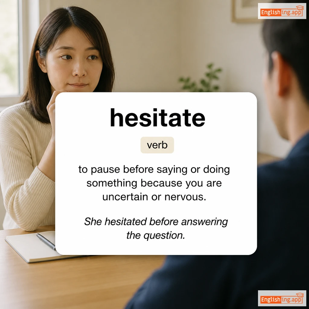 hesitate definition card — visual illustration of the meaning