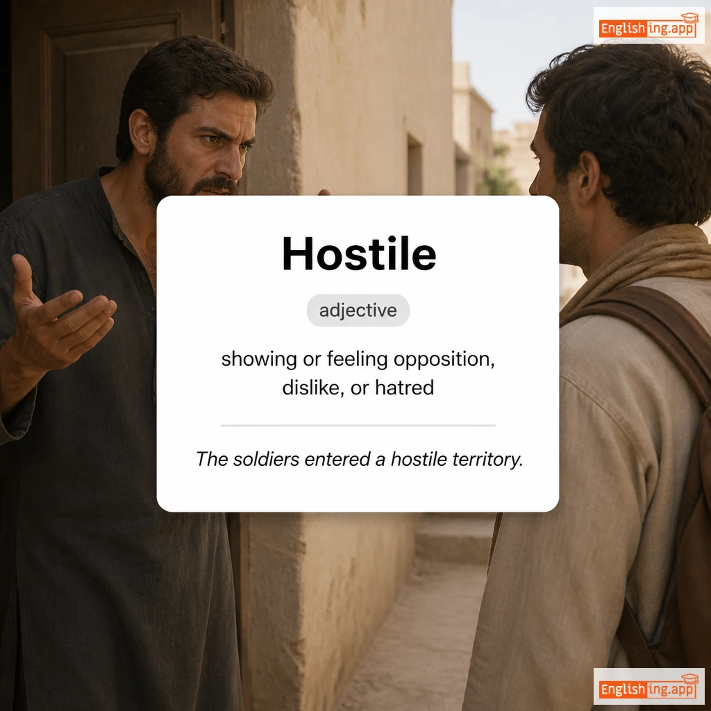 Hostile definition card — visual illustration of the meaning