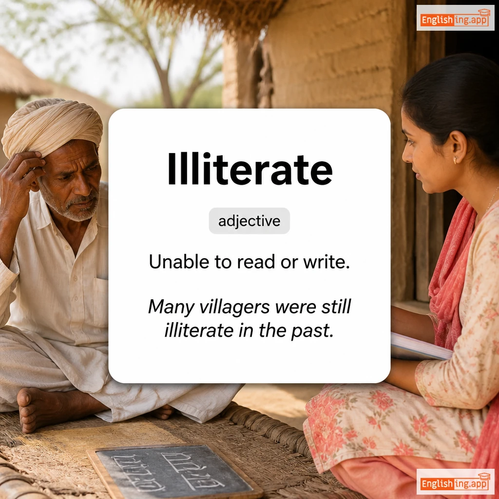 Illiterate definition card — visual illustration of the meaning