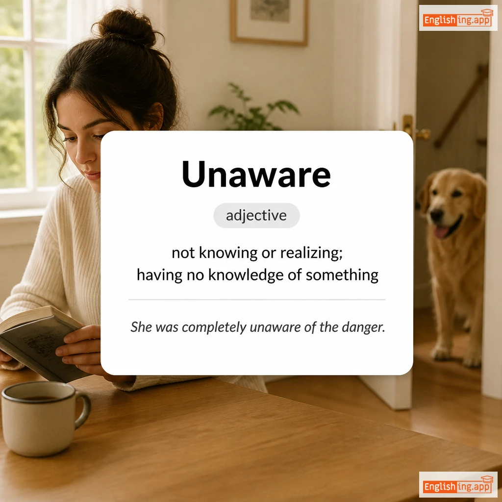 Unaware definition card — visual illustration of the meaning