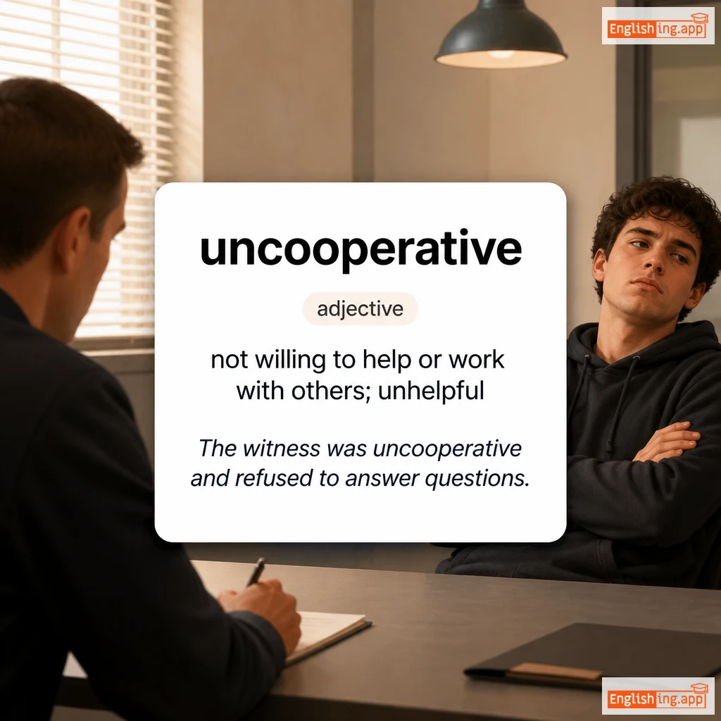 uncooperative definition card — visual illustration of the meaning