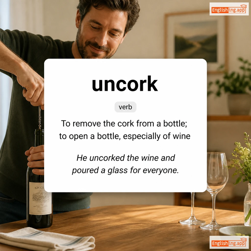 uncork definition card — visual illustration of the meaning