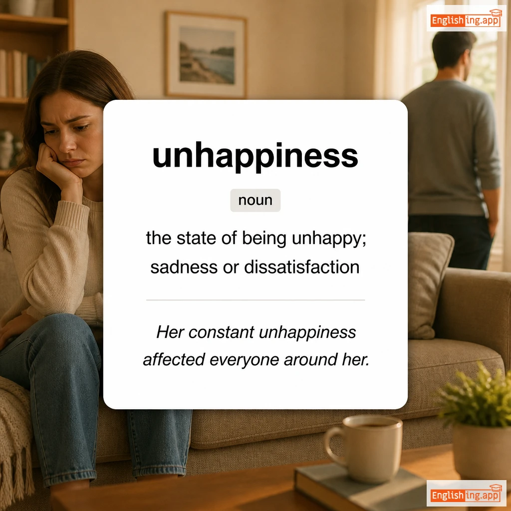 unhappiness definition card — visual illustration of the meaning