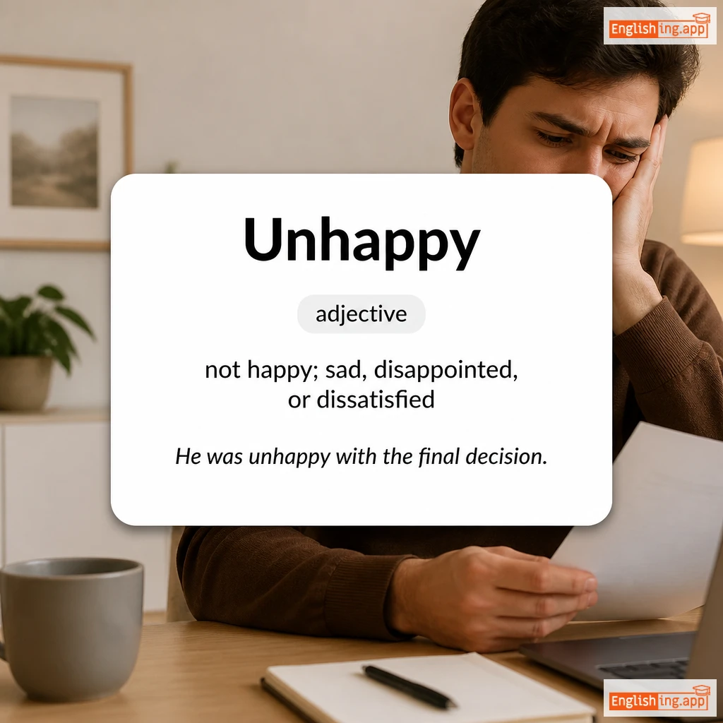 Unhappy definition card — visual illustration of the meaning