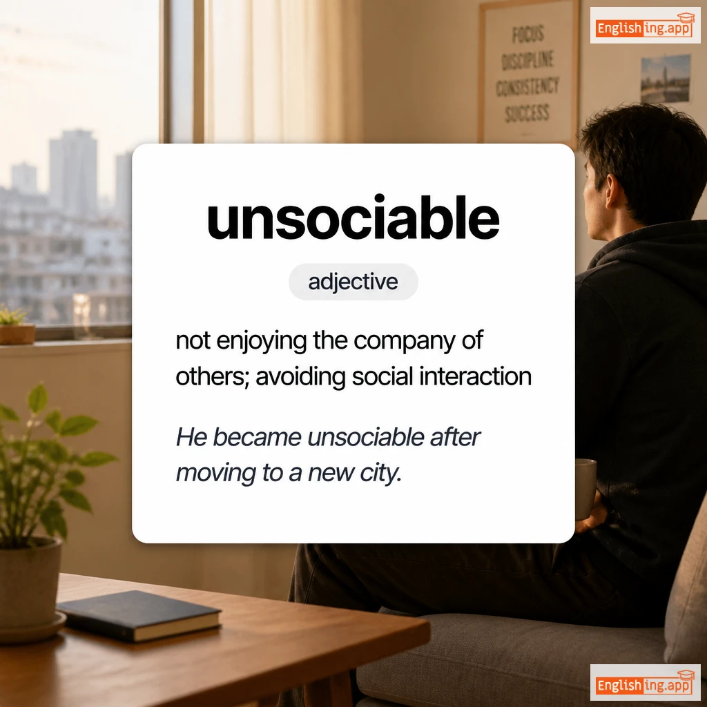 unsociable definition card — visual illustration of the meaning