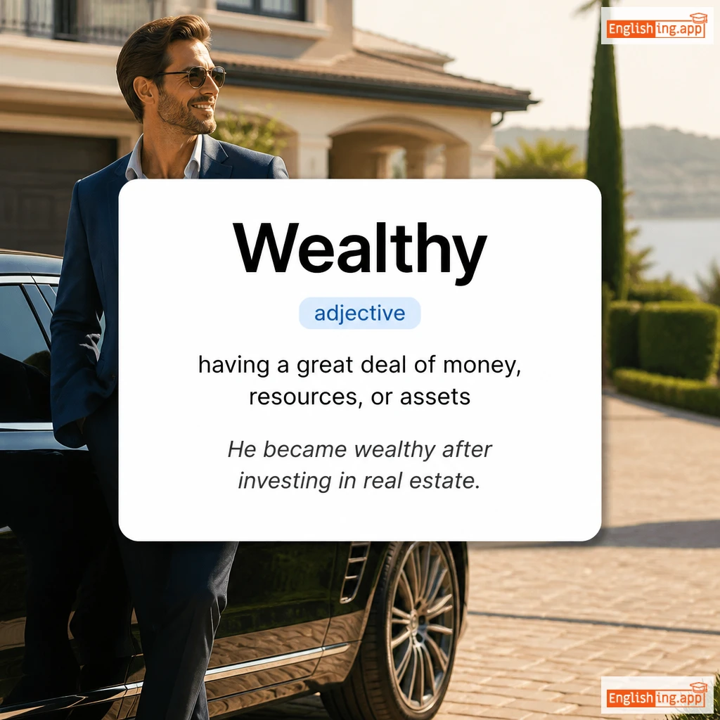 Wealthy definition card — visual illustration of the meaning