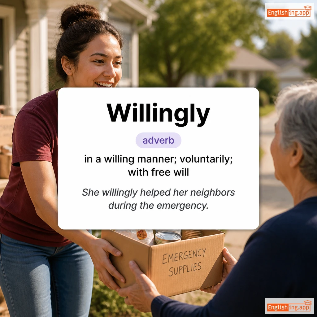 Willingly definition card — visual illustration of the meaning