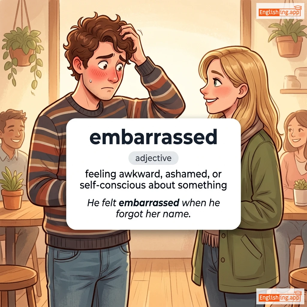 embarrassed definition card — visual illustration of the meaning