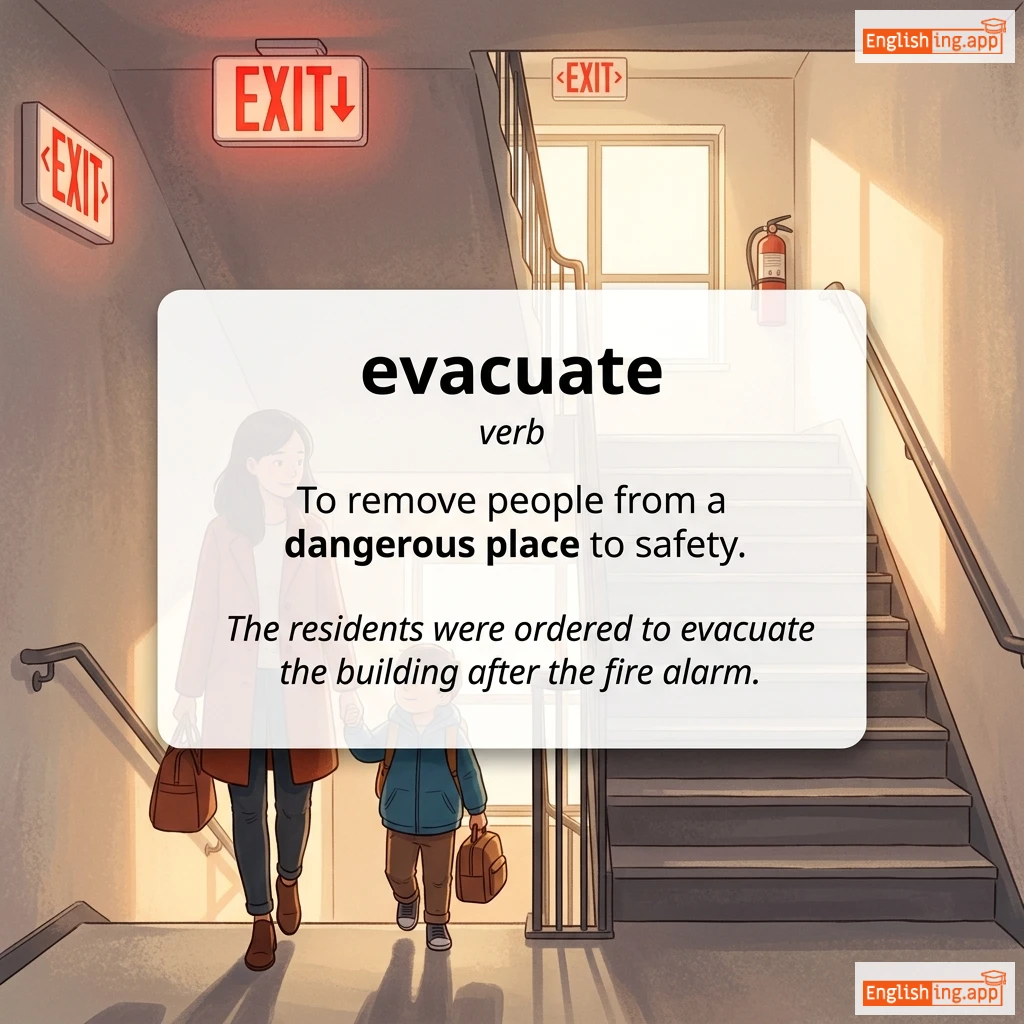 evacuate definition card — visual illustration of the meaning