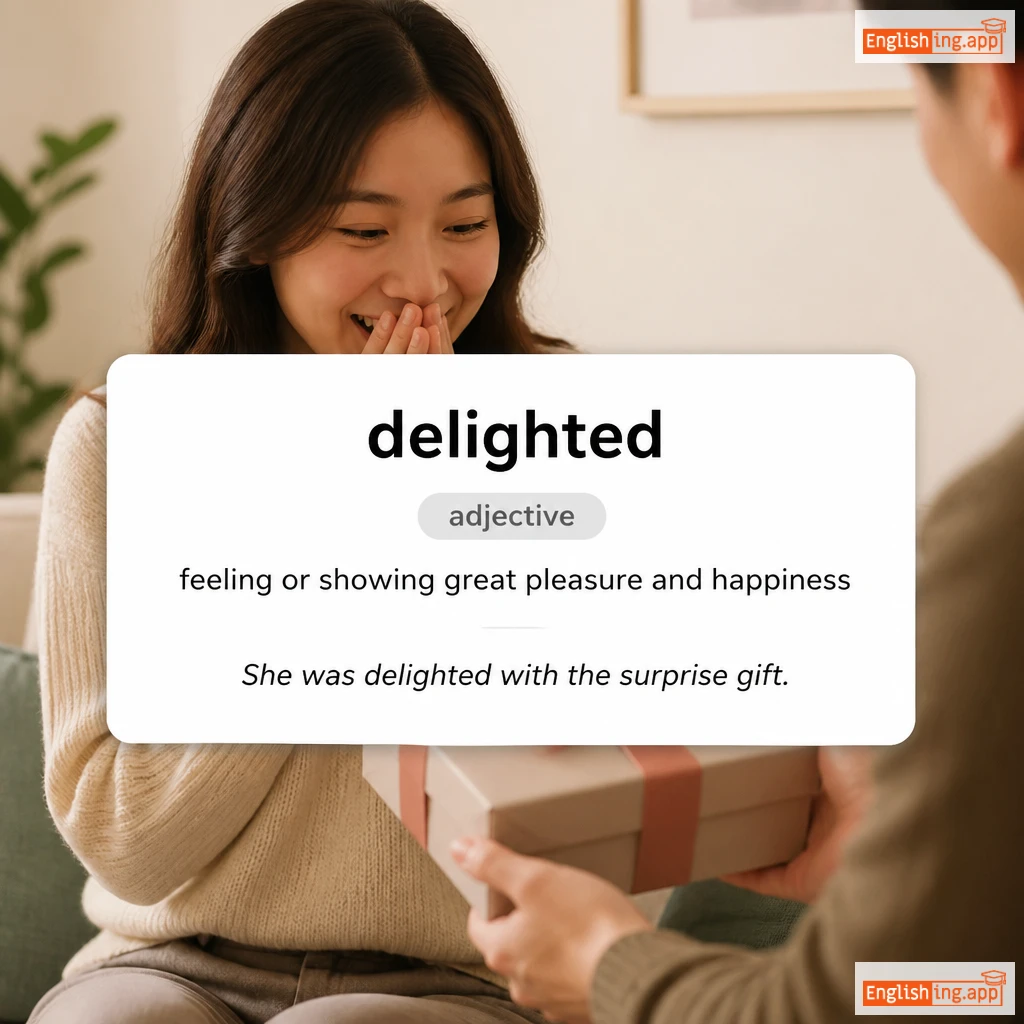 delighted definition card — visual illustration of the meaning