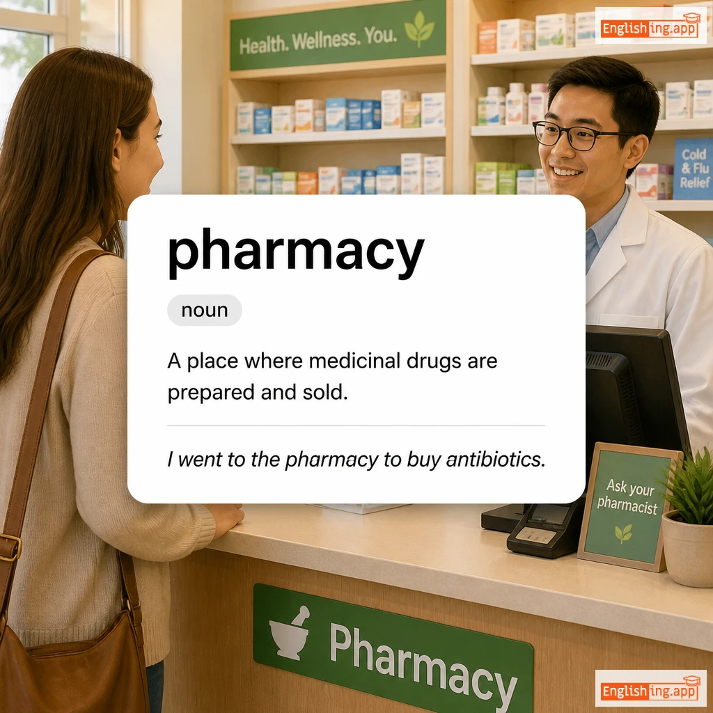 pharmacy definition card — visual illustration of the meaning