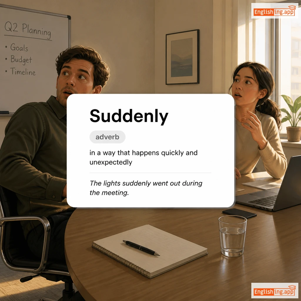 Suddenly definition card — visual illustration of the meaning