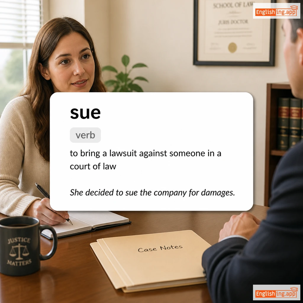 sue definition card — visual illustration of the meaning