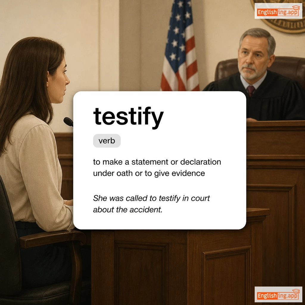 testify definition card — visual illustration of the meaning