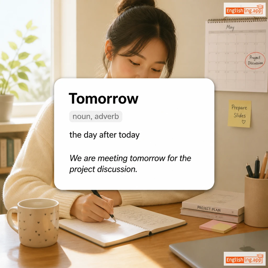 Tomorrow definition card — visual illustration of the meaning