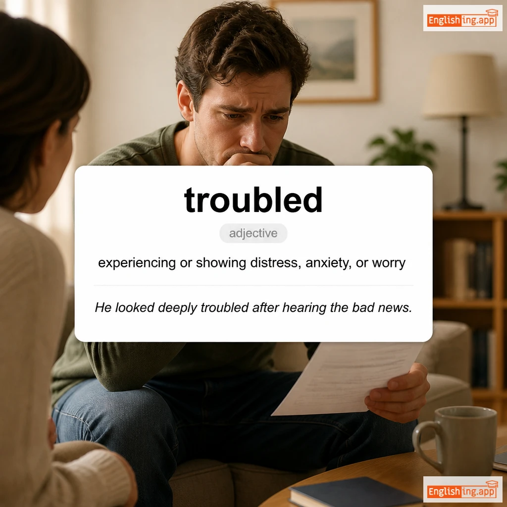 troubled definition card — visual illustration of the meaning