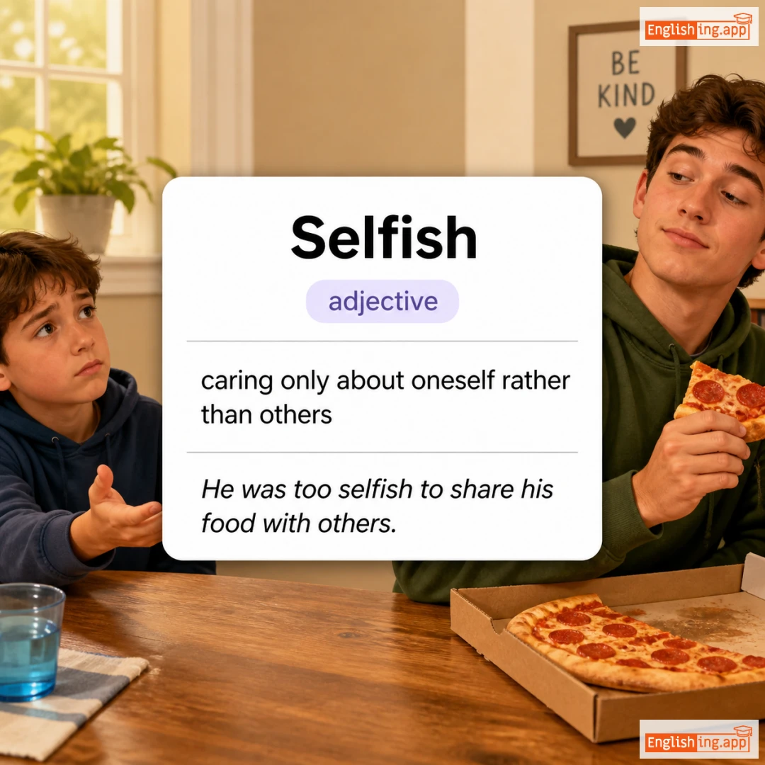 Selfish definition card — visual illustration of the meaning