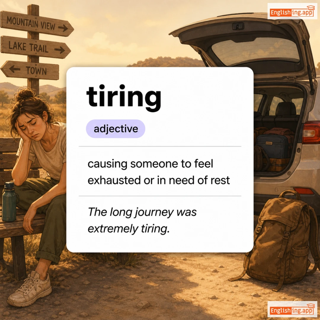 tiring definition card — visual illustration of the meaning