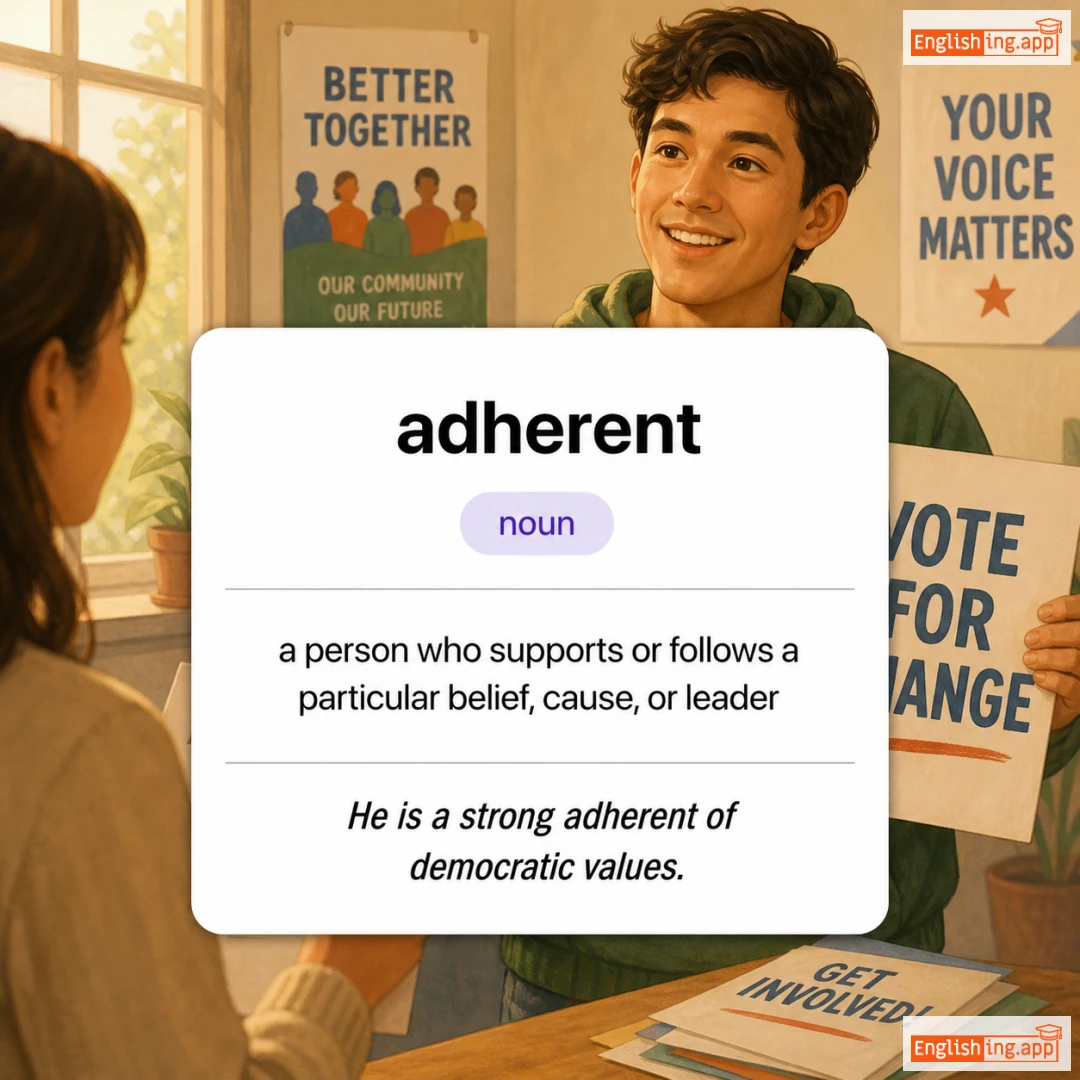 adherent definition card — visual illustration of the meaning