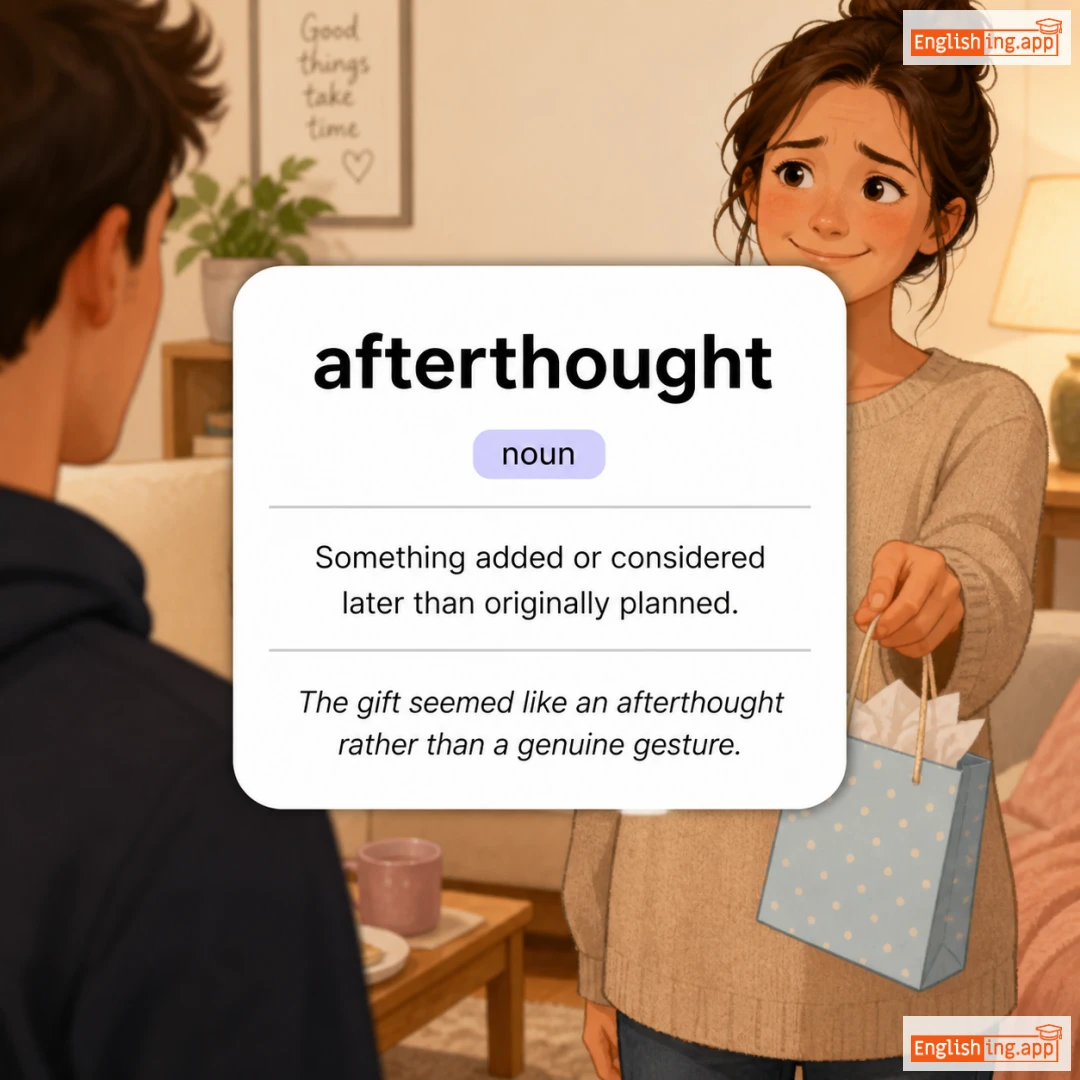 afterthought definition card — visual illustration of the meaning