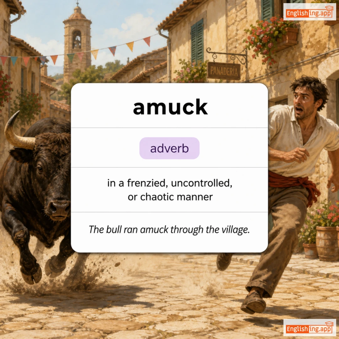 amuck definition card — visual illustration of the meaning