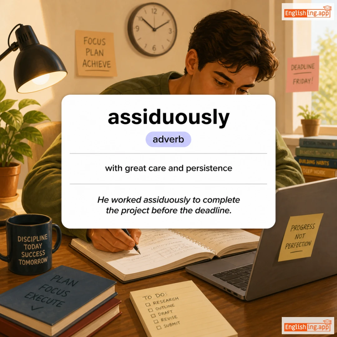 assiduously definition card — visual illustration of the meaning