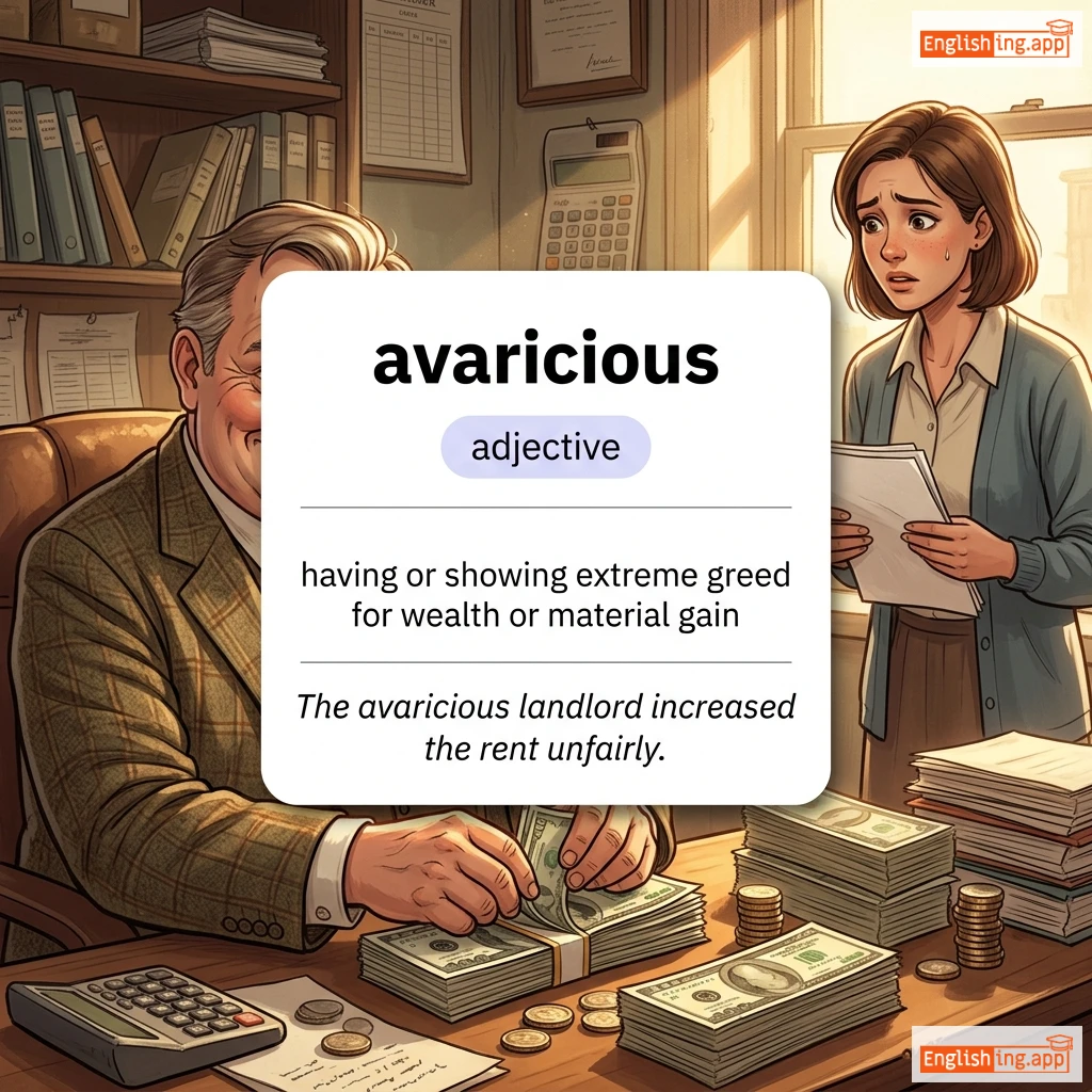 avaricious definition card — visual illustration of the meaning