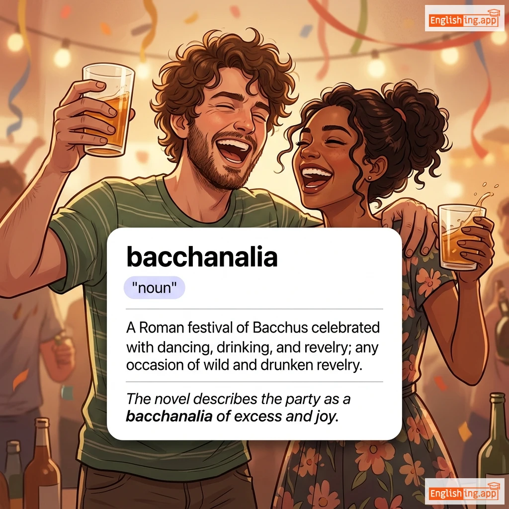bacchanalia definition card — visual illustration of the meaning