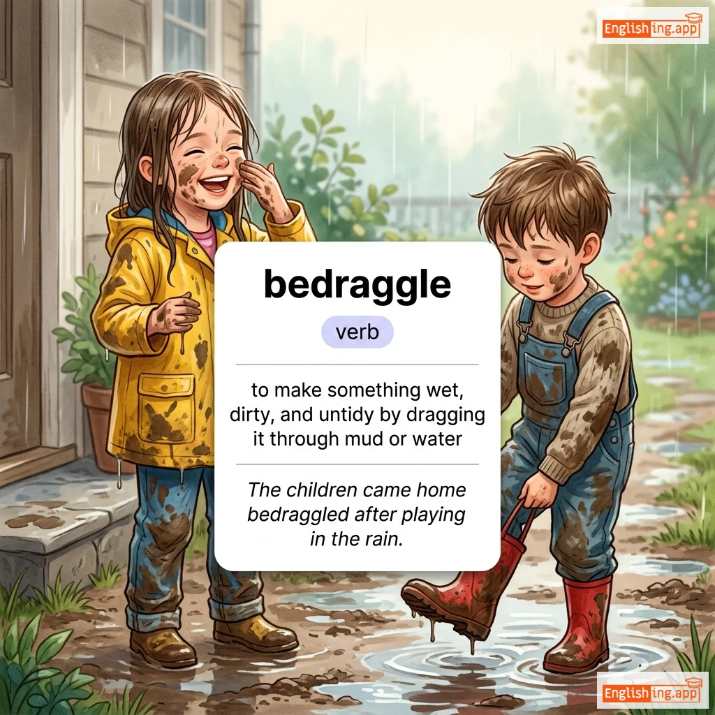 bedraggle definition card — visual illustration of the meaning