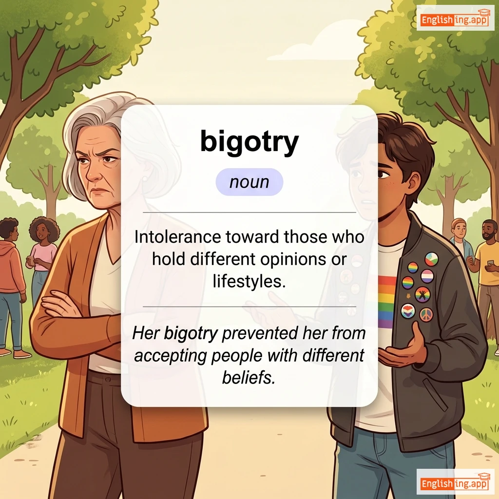 bigotry definition card — visual illustration of the meaning