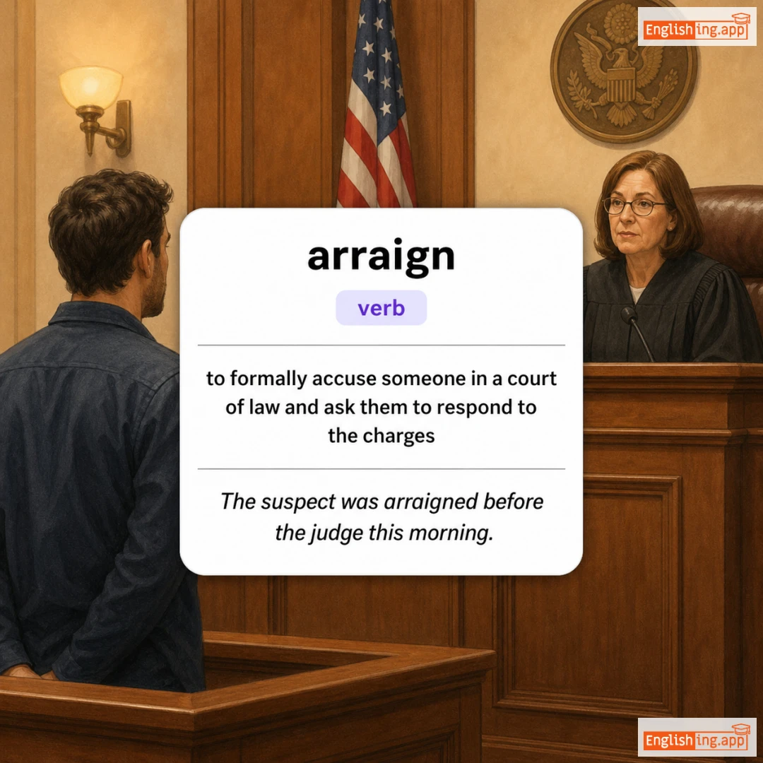 arraign definition card — visual illustration of the meaning