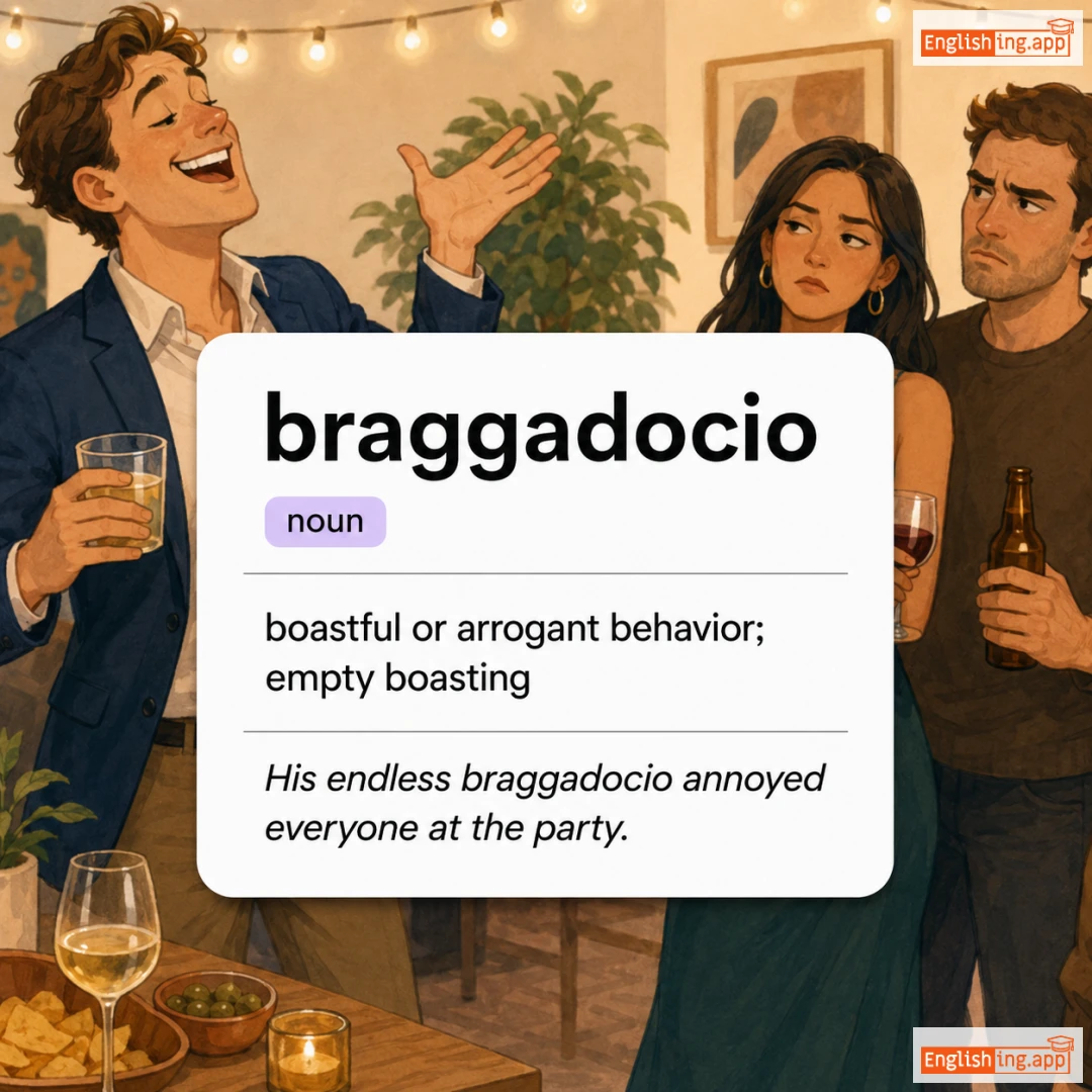braggadocio definition card — visual illustration of the meaning