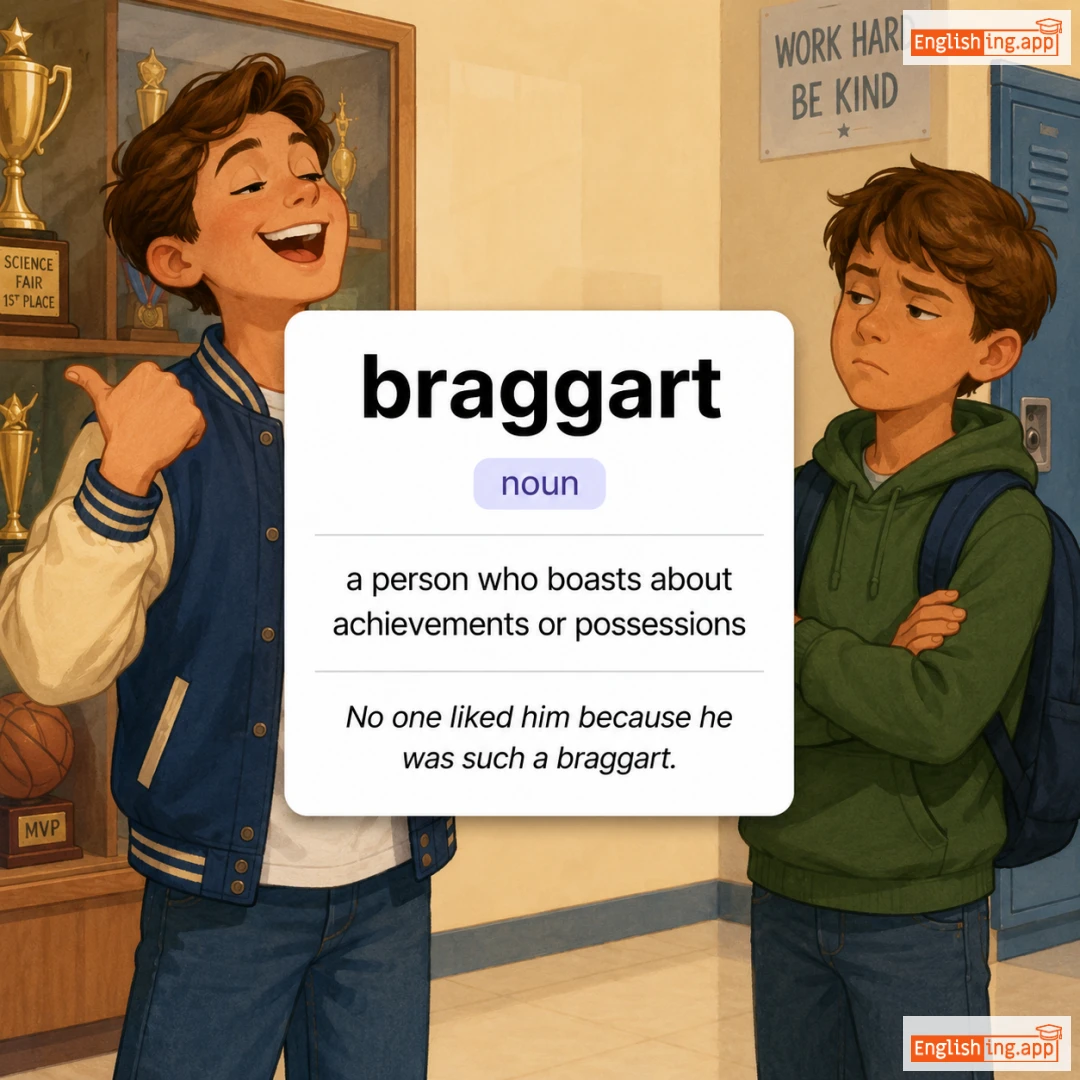 braggart definition card — visual illustration of the meaning