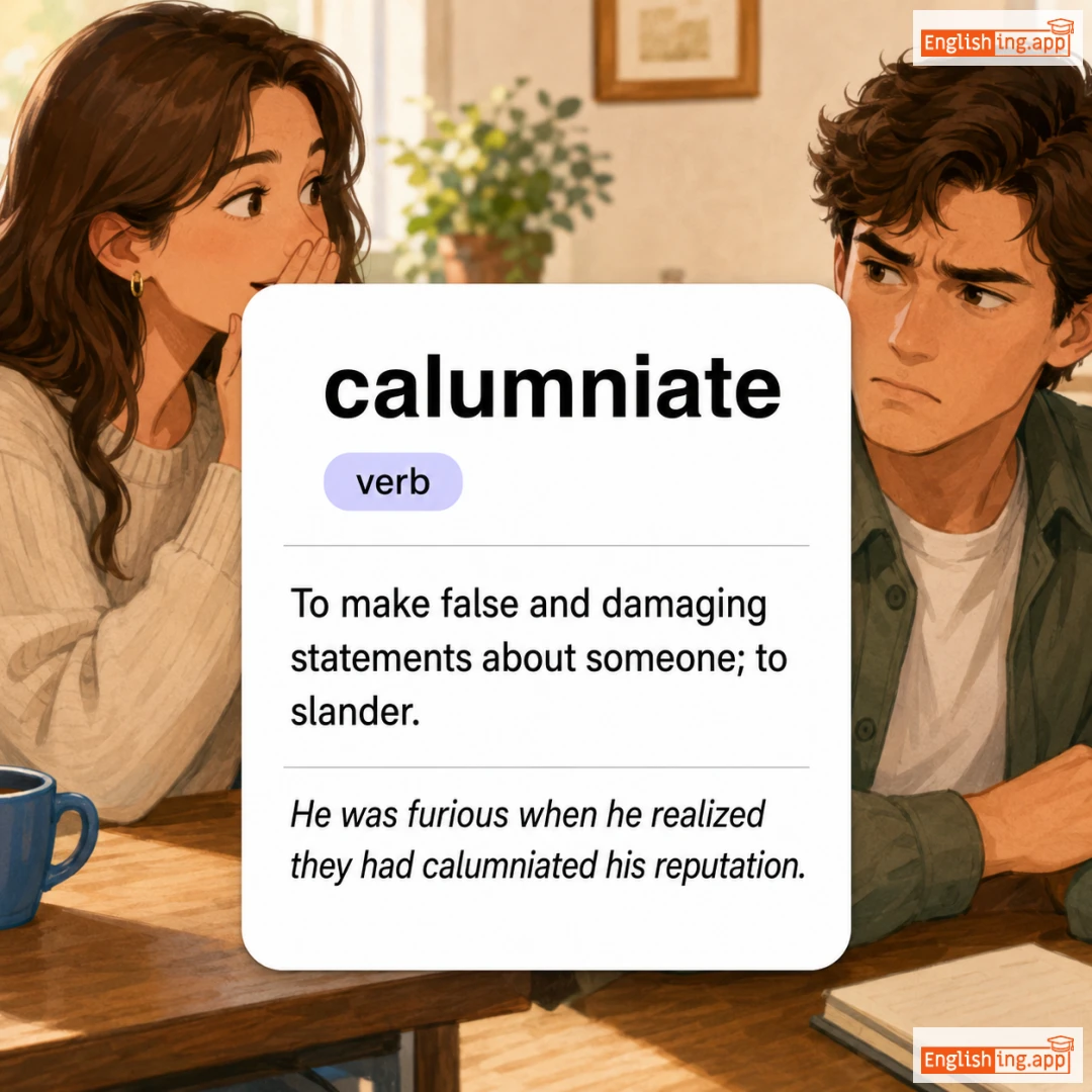 calumniate definition card — visual illustration of the meaning