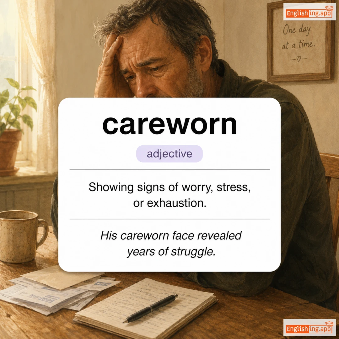 careworn definition card — visual illustration of the meaning