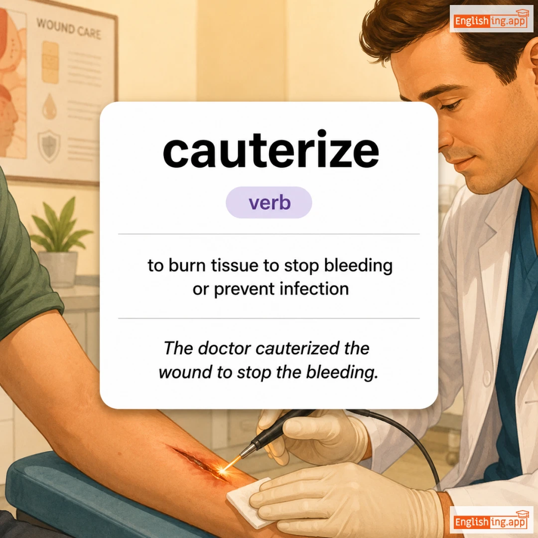 cauterize definition card — visual illustration of the meaning