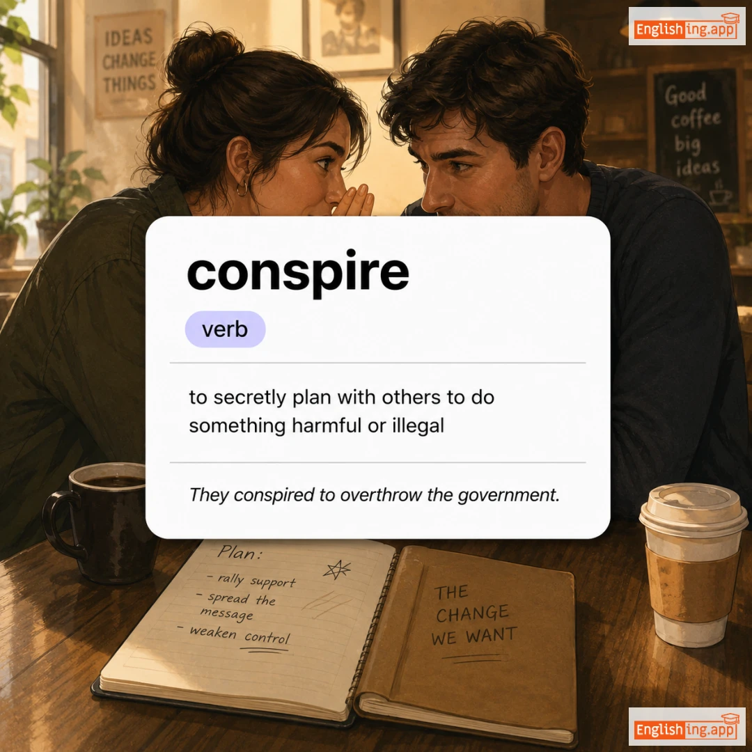 conspire definition card — visual illustration of the meaning