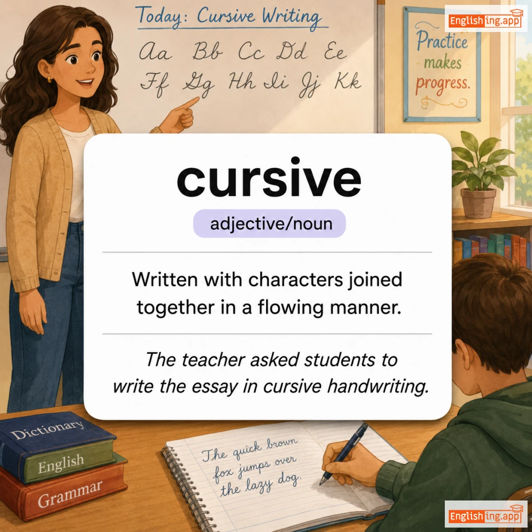 cursive definition card — visual illustration of the meaning