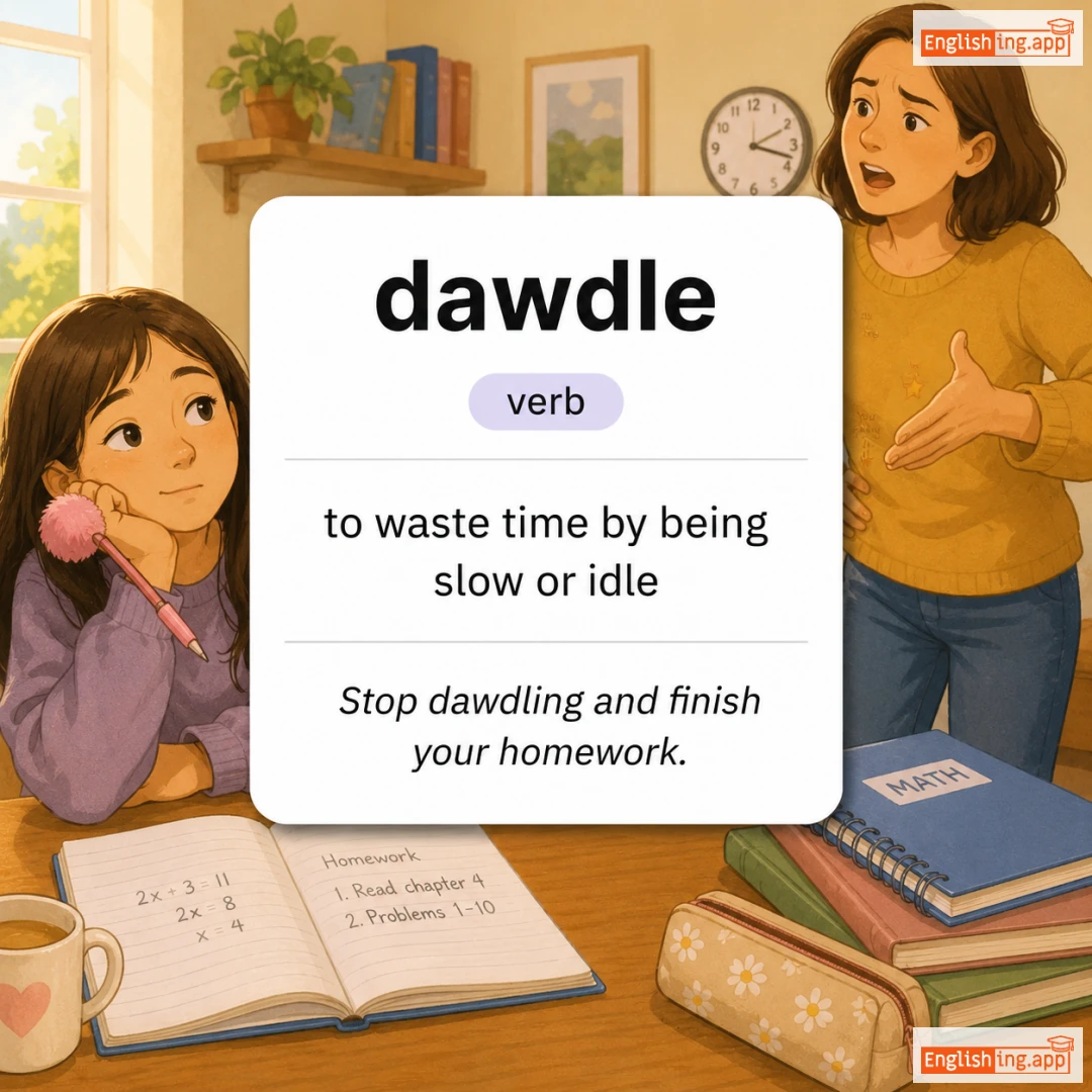 dawdle definition card — visual illustration of the meaning