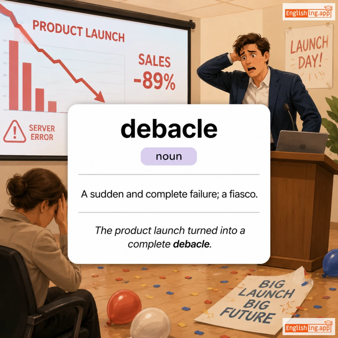 debacle definition card — visual illustration of the meaning